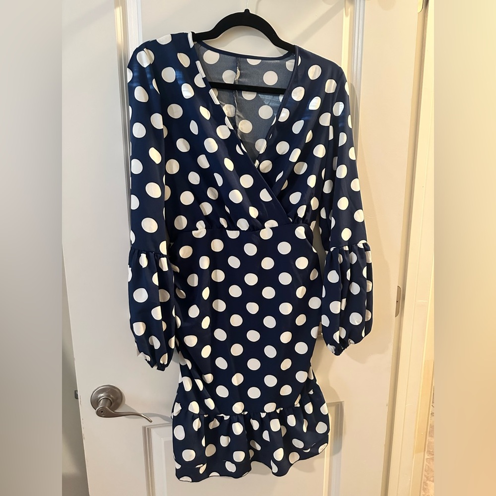 Blue & White Polka Dot Ruffled Dress with Ruching - Picture 7 of 11
